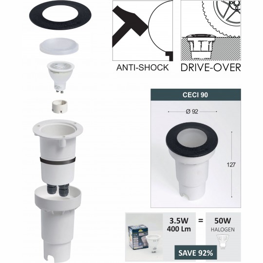 Ugradna lampa crna Ceci 90 3L okrugla spoljna IP67 1xGU10 LED 3.5W 4000K - sijalica uključena uz proizvod 1F3.000.000.U1L Fumagalli