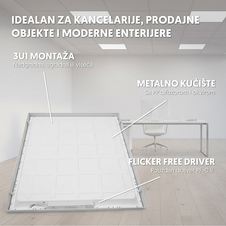 LED panel 2u1 48W, 100lm/W, 6500K, 595x595