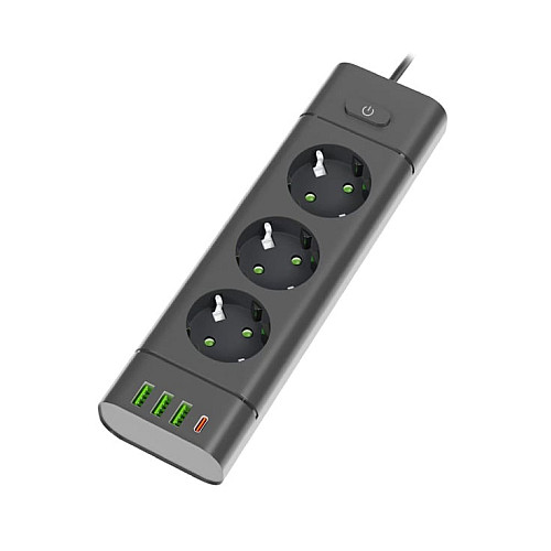 Prosto produžni kabl sa 3 utičnice, USB i USB-C priključcima, crni