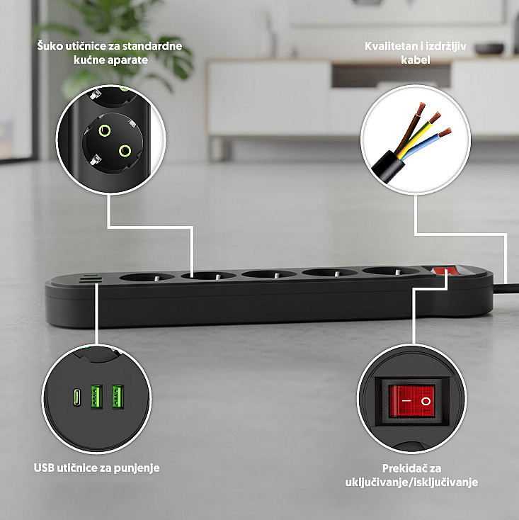 Razvodnik sa 5 mesta 2m 1.5mm2+pr. 2xUSB+tip C NV554U-2/BK
