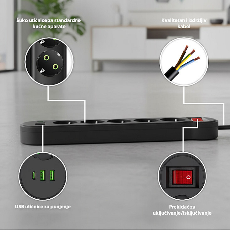 Razvodnik sa 5 mesta 2m 1.5mm2+pr. 2xUSB+tip C NV554U-2/BK