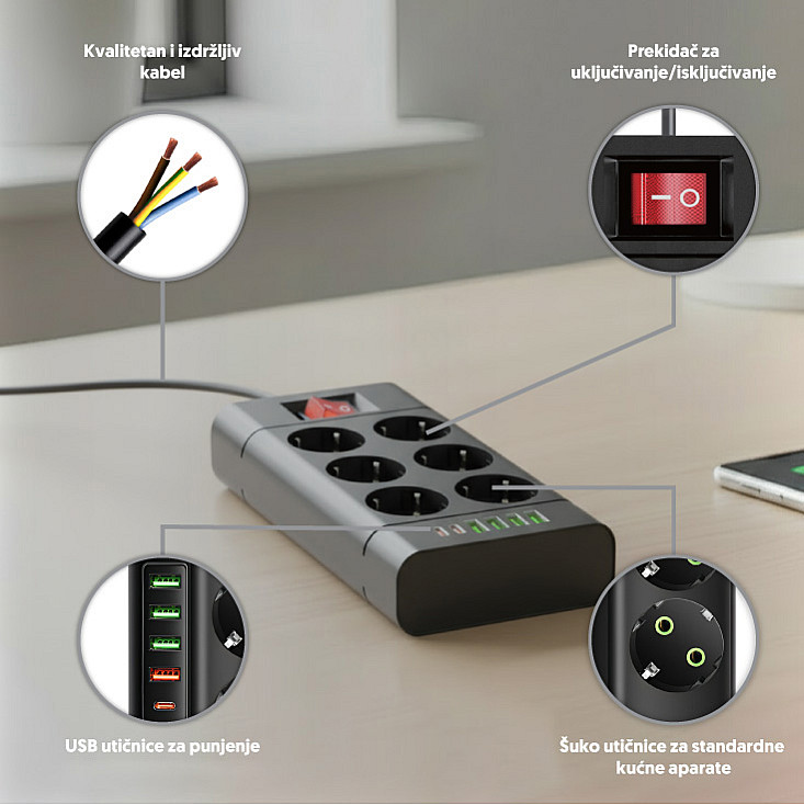Razvodnik sa 6 mesta 2m 1.5mm2+pr. 4xUSB+2xtip C NV614U-2/BK