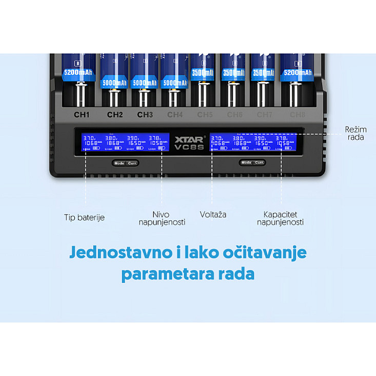 Univ. punjač akumulatora do 8 kom. sa displejem XTAR-VC8S
