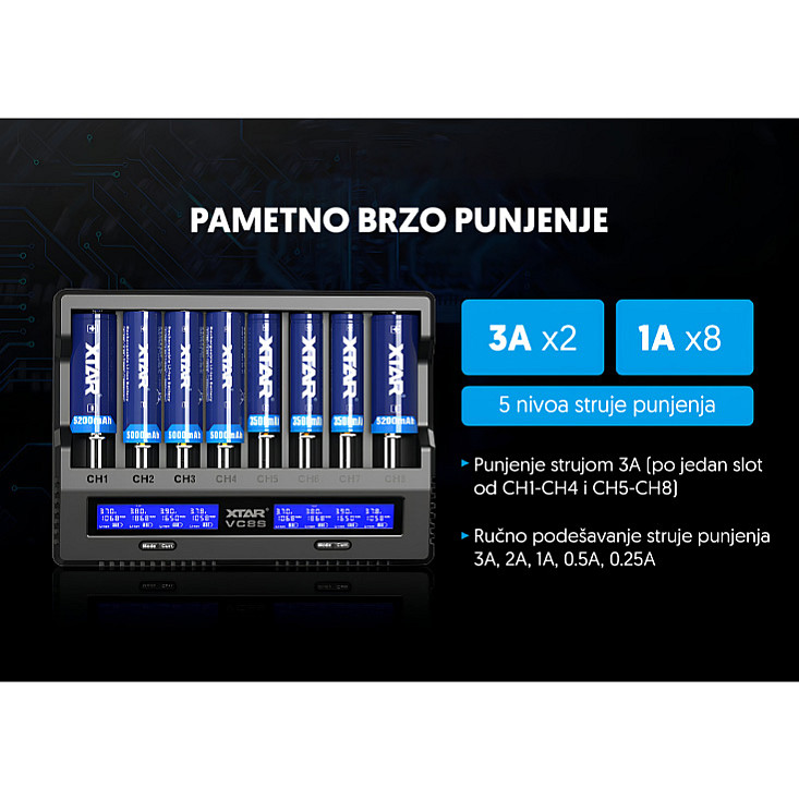 Univ. punjač akumulatora do 8 kom. sa displejem XTAR-VC8S
