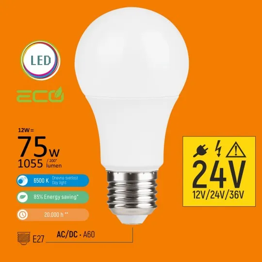 LED ECO sijalica AC/DC E27 12V/24V/36V 12W A60 6500K