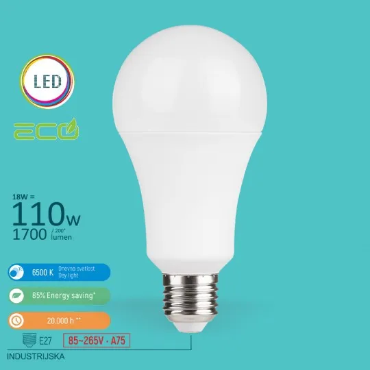 LED ECO sijalica industrijska 18W (110V) 85~265V A75 6500K E27