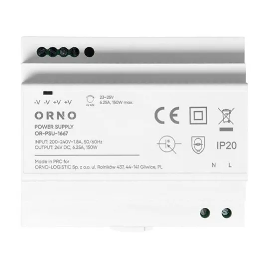 Napajanje industrijsko 24V DC 6.25A 150W za DIN šinu 6M IP20, PVC kućište OR-PSU-1667 Orno