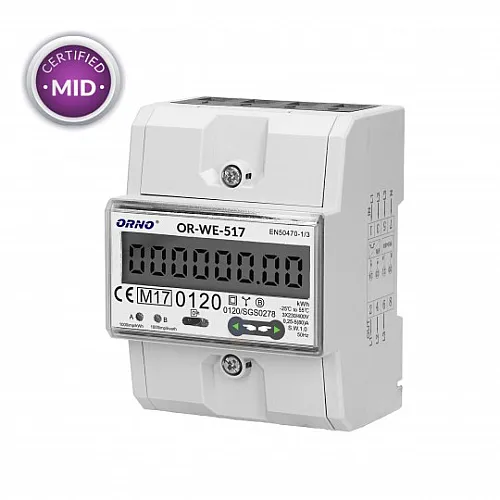 LCD multi-tarifni trofazni merač potrošnje 80A za DIN šinu 3P 1000imp/kWh IP51 RS-485 port MID OR-WE-517 Orno