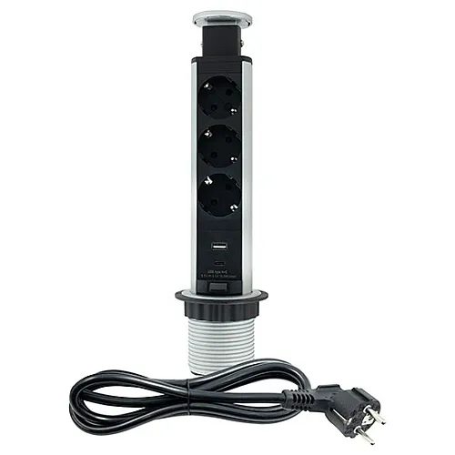 Priključnica srebrno 1.8m -crna POPUP nameštajska trostruka + USB Tip-A+Tip-C 5V 2.1A 10W, 16A 250V-3600W 3x1.5mm2 ME-PN-1203-USB/S-3