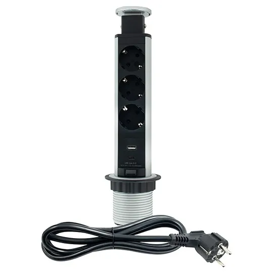 Priključnica srebrno 1.8m -crna POPUP nameštajska trostruka + USB Tip-A+Tip-C 5V 2.1A 10W, 16A 250V-3600W 3x1.5mm2 ME-PN-1203-USB/S-3
