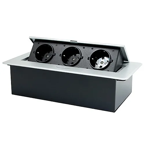 srebrno-crni POPUP nameštajski PODSKLOP sa tri utičnice 16A 250V-3600W ME-PN-1205/S-3
