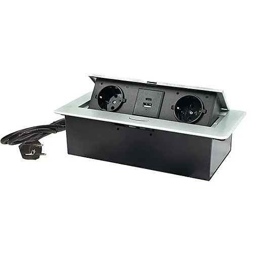 Priključnica srebrno 1.5m -crna POPUP nameštajska dvostruka + USB Tip-A+Tip-C 5V 2.1A 10W, 16A 250V-3600W 3x1.5mm2 ME-PN-1209-USB/S-2