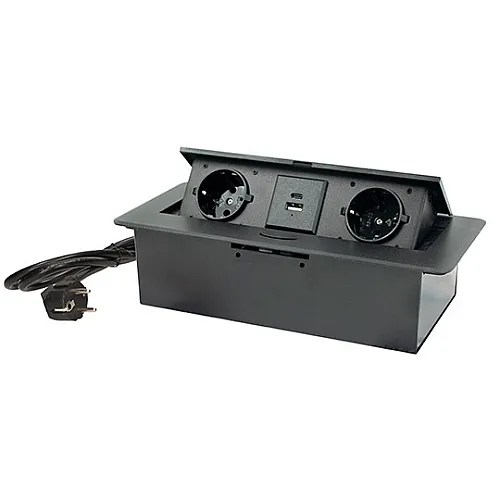 Priključnica crna 1.5m POPUP nameštajska dvostruka + USB Tip-A+Tip-C 5V 2.1A 10W, 16A 250V-3600W 3x1.5mm2 ME-PN-1210-USB/C-2