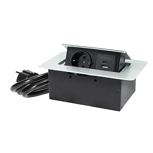 Priključnica srebrno 1.5m -crna POPUP nameštajska + USB Tip-A+Tip-C 5V 2.1A 10W, 16A 250V-3600W 3x1.5mm2 ME-PN-1214-USB/S-1