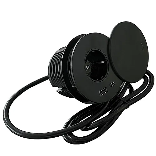 Priključnica crna 1.5m SLIP nameštajska + USB Tip-A+Tip-C 5V 2.1A 18W, 16A 250V-3600W IP44 3x1.5mm2 ME-PN-1217-USB/C-1