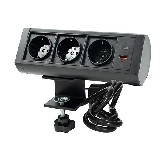 Priključnica crna 1.5m nameštajska sa držačem trostruka + USB Tip-A+Tip-C 5V 2.1A 10W, 16A 250V-3600W 3x1.5mm2 ME-PN-1218-USB/S-3