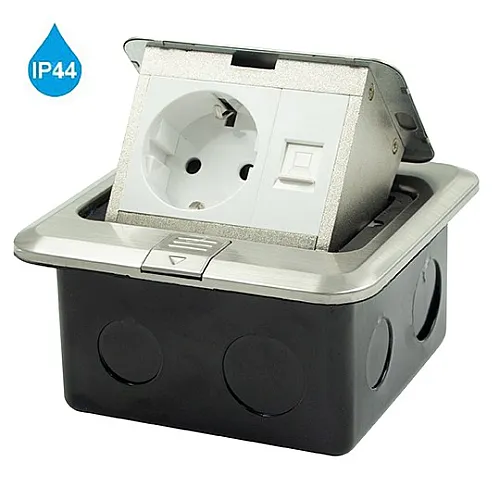 srebrni POPUP PODSKLOP za pod sa priključnicom IP44 GS + Cat5e LAN, 16A 250V-3600W ME-PN-1219/S-3