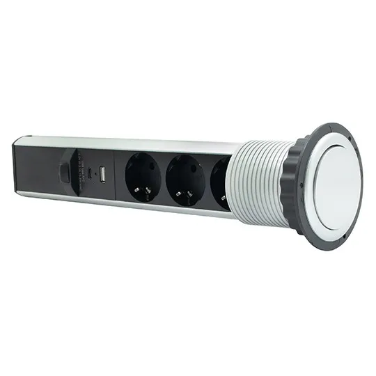 Priključnica srebrno 1.8m -crna POPUP nameštajska trostruka + USB Tip-A+Tip-C 5V 2.1A 10W, 16A 250V-3600W 3x1.5mm2 ME-PN-1203-USB/S-3