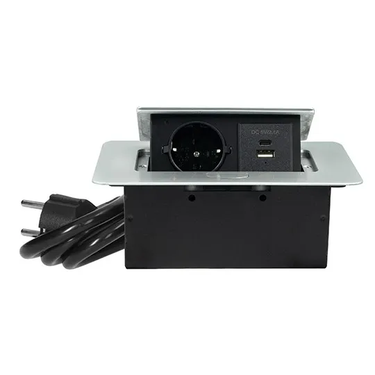 Priključnica srebrno 1.5m -crna POPUP nameštajska + USB Tip-A+Tip-C 5V 2.1A 10W, 16A 250V-3600W 3x1.5mm2 ME-PN-1214-USB/S-1