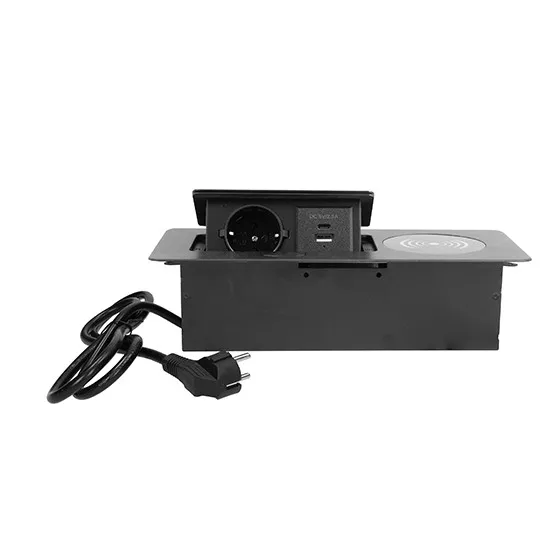 Priključnica crna ME-PN-1216-USB+Wireless/C-1 1.5m POPUP nameštajska sa Wireless punjačem 15W + USB Tip-A+Tip-C 5V 2.1A 10W, 16A 250V-3600W 3x1.5mm2