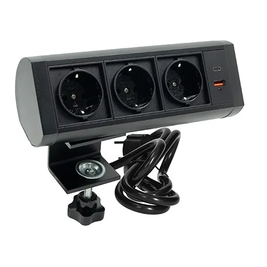 Priključnica crna 1.5m nameštajska sa držačem trostruka + USB Tip-A+Tip-C 5V 2.1A 10W, 16A 250V-3600W 3x1.5mm2 ME-PN-1218-USB/S-3