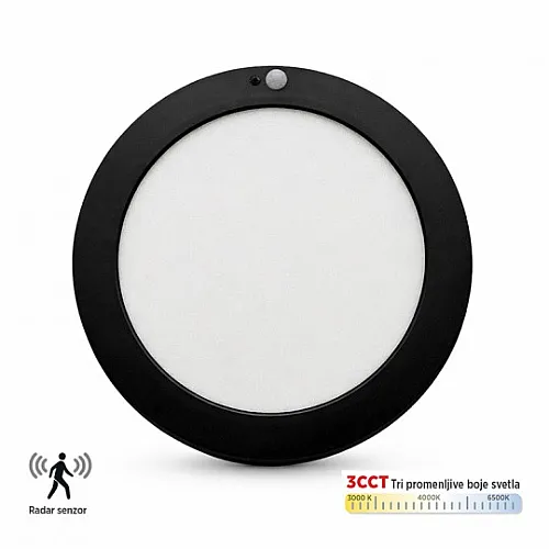 LED panel crni 18W 3CCT 3000/4000/6500K nadgradni okrugli sa senzorom PVC M18NO-PLS-B