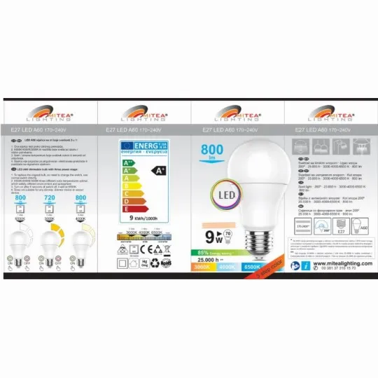 LED sijalica 9W A60 3000/4000/6500K 3CCT 3 u 1 170~240V E27