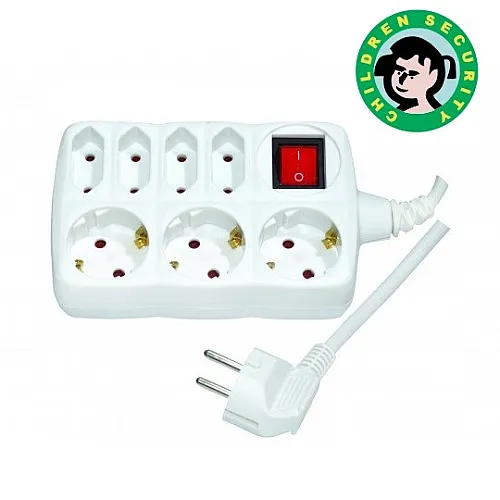 Priključnica 16A 250V 3680W prenosna sedmostruka (produžni kabl) sa prekidačem + DZ, 3x sa uzemljenjem + 4x EURO bez uzemljenja PM7P-2M