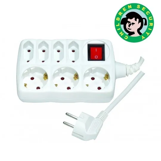 Priključnica 16A 250V 3680W prenosna sedmostruka (produžni kabl) sa prekidačem + DZ, 3x sa uzemljenjem + 4x EURO bez uzemljenja PM7P-2M