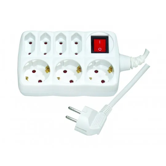 Priključnica 16A 250V 3680W prenosna sedmostruka (produžni kabl) sa prekidačem + DZ, 3x sa uzemljenjem + 4x EURO bez uzemljenja PM7P-2M