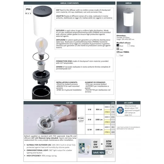 Zidna lampa crna Amelia FS IP55 1xE27 LED 6W 4000K - sijalica uključena uz proizvod DR2.571.000.F1L Fumagalli