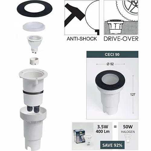 Ugradna lampa crna CECI 90 kvadratna spoljna IP67 1xGU10 LED 3.5W 4000K - sijalica uključena uz proizvod 1F4.000.000.U1L Fumagalli