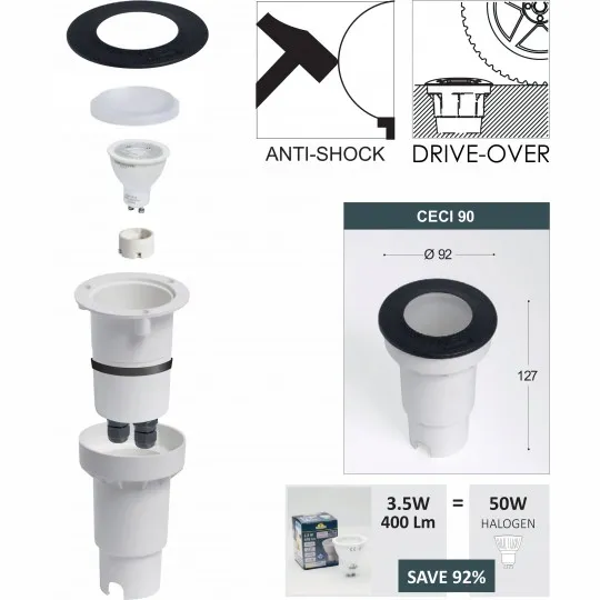 Ugradna lampa siva Ceci 90 kvadratna spoljna IP67 1xGU10 LED 3.5W 4000K - sijalica uključena uz proizvod 1F4.000.000.U1L Fumagalli