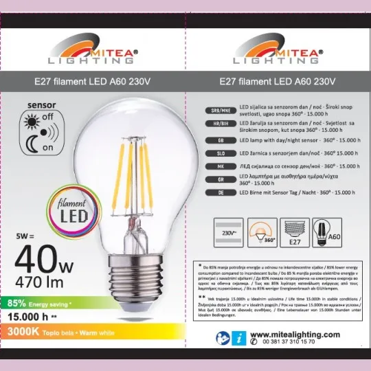 LED sijalica 5W A60 3000K filament sa foto senzorom dan/noć auto detekcija, 230V 470lm E27