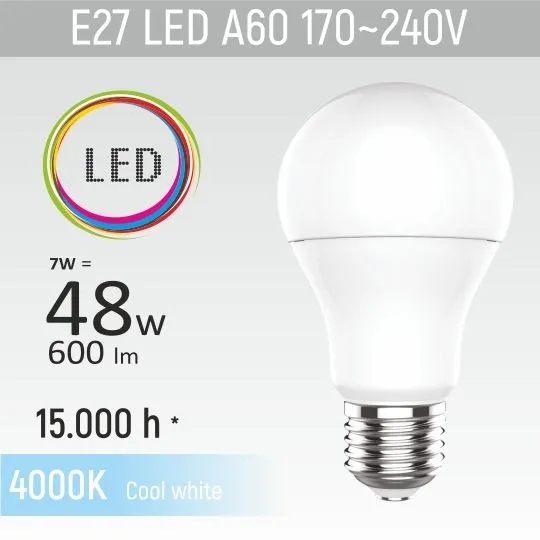 E27 7W A60M1 4000K LED sijalica 170-240V