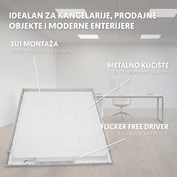 LED panel 2u1 48W, 100lm/W, 6500K, 595x595