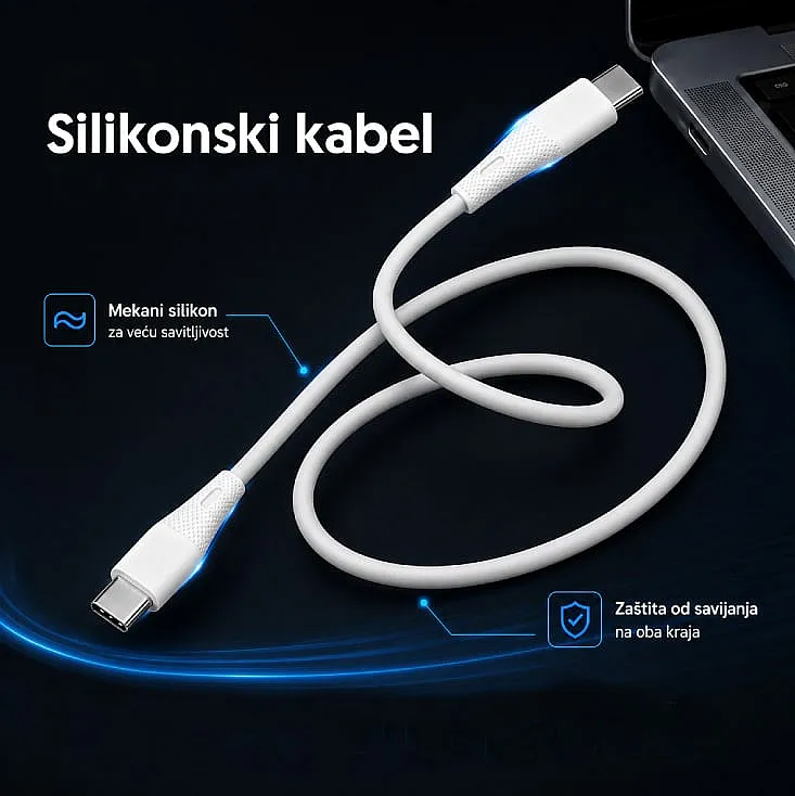USB-C na USB-C silikonski kabel, PD60W, 1m USBKSL-PD/WH