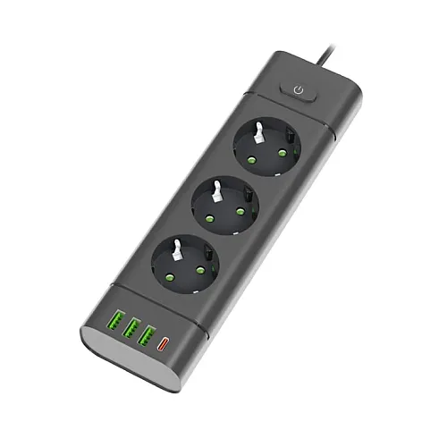 Prosto produžni kabl sa 3 utičnice, USB i USB-C priključcima, crni