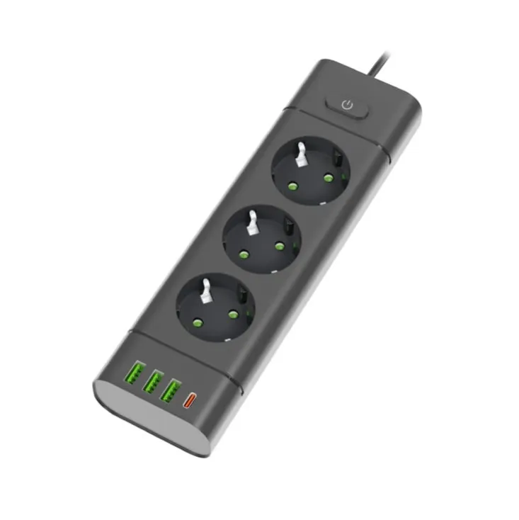 Prosto produžni kabl sa 3 utičnice, USB i USB-C priključcima, crni