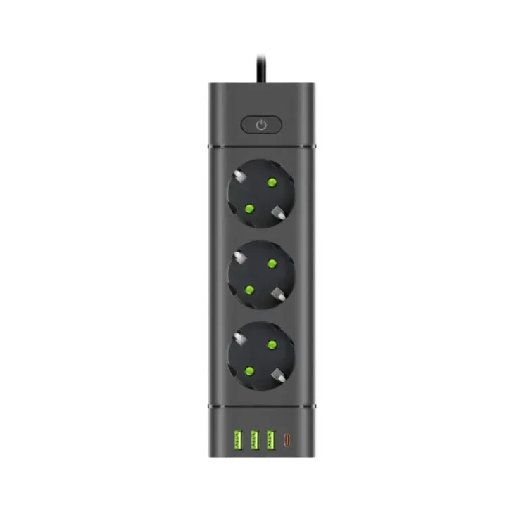 Prosto produžni kabl sa 3 utičnice, USB i USB-C priključcima, crni