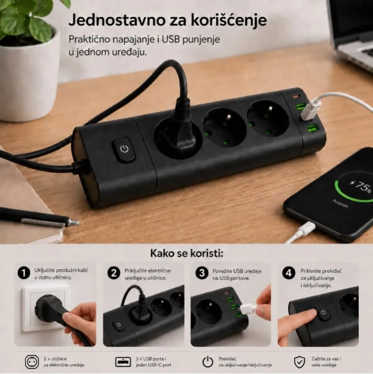 Prosto produžni kabl sa 3 utičnice, USB i USB-C priključcima, crni