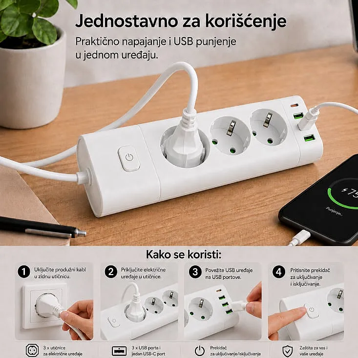 Prosto produžni kabl sa 3 utičnice, USB i USB-C priključcima, beli