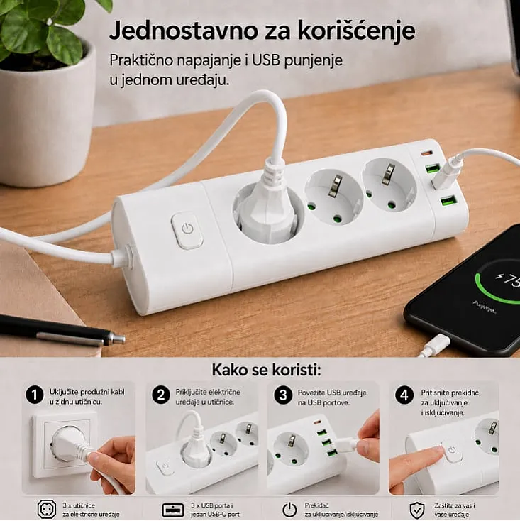 Prosto produžni kabl sa 3 utičnice, USB i USB-C priključcima, beli