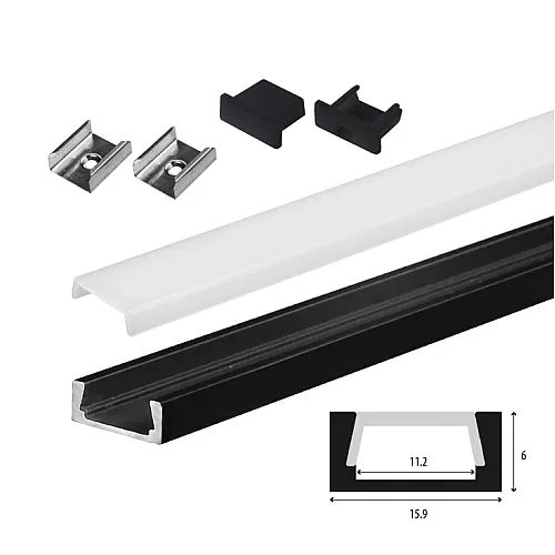 Set aluminijumski profil za LED trake 1m 15x6 mm crni LPR-1506/1-BK-SET