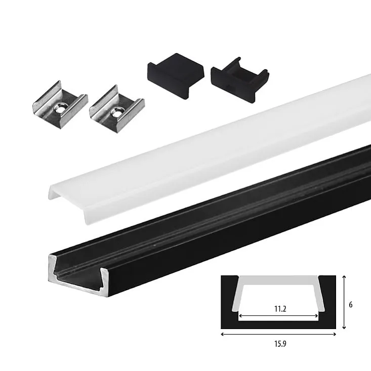 Set aluminijumski profil za LED trake 1m 15x6 mm crni LPR-1506/1-BK-SET