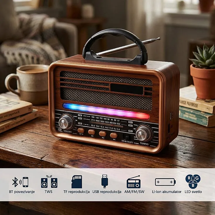 Prenosni retro RGB Bluetooth radio 7068BT/B NS-7068BT/B