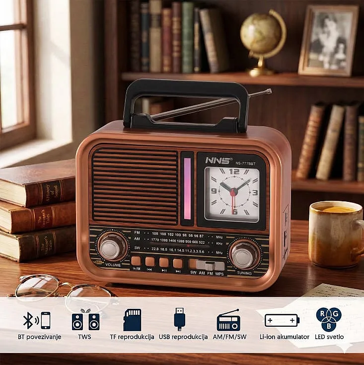 Prenosni retro RGB Bluetooth radio + sat 7778BT/B NS-7778BT/B