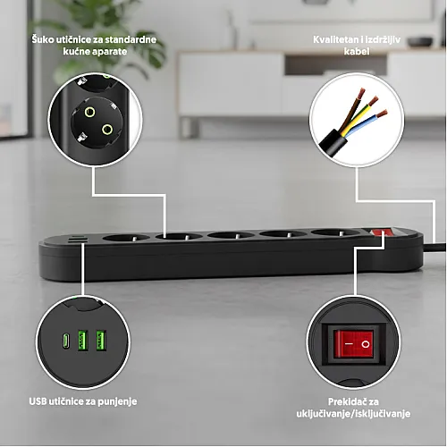 Razvodnik sa 5 mesta 2m 1.5mm2+pr. 2xUSB+tip C NV554U-2/BK