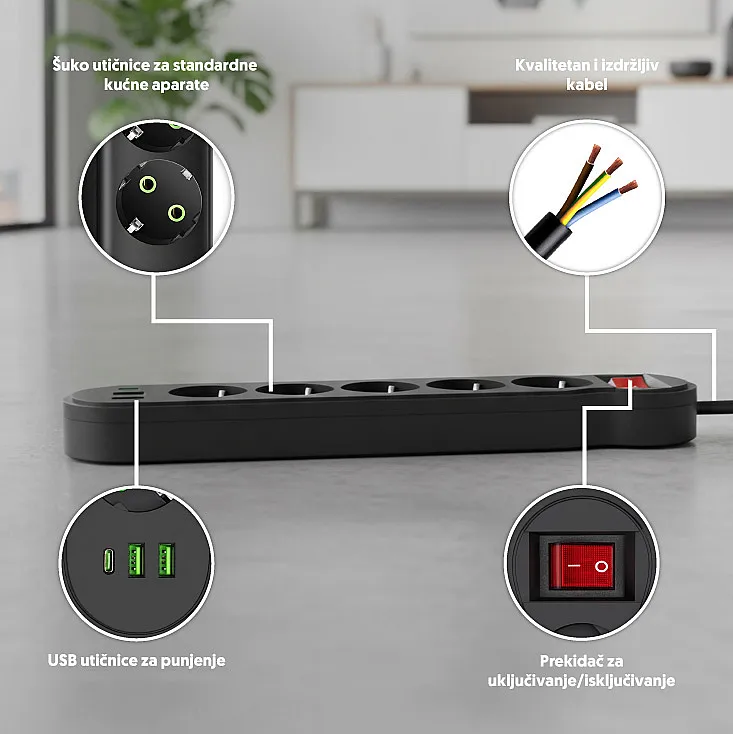 Razvodnik sa 5 mesta 2m 1.5mm2+pr. 2xUSB+tip C NV554U-2/BK