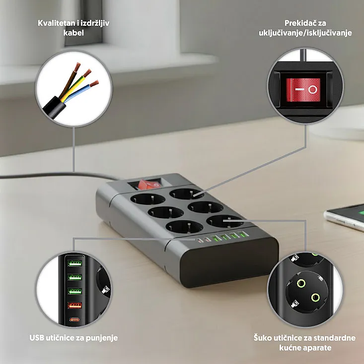 Razvodnik sa 6 mesta 2m 1.5mm2+pr. 4xUSB+2xtip C NV614U-2/BK